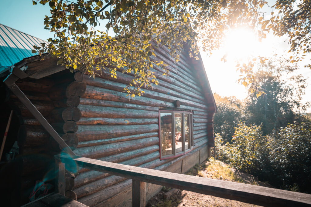 Tal-Adventures Lodge is a rustic log cabin basking in the sun, surrounded by greenery. Sunlight filters through the leaves of a nearby tree, casting a warm glow on the wooden structure. The cabin has a small window and a railing in the foreground, perfect for relaxing after world-class fishing trips in Alaska.